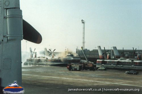 SRN4 The Prince of Wales (GH-2054) destroyed by fire at Dover -   (submitted by The <a href='http://www.hovercraft-museum.org/' target='_blank'>Hovercraft Museum Trust</a>).